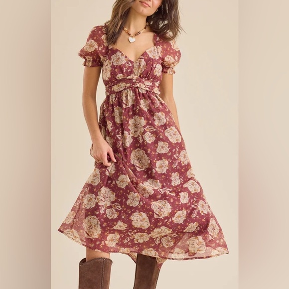 Blu Pepper Dresses & Skirts - Altar’d State Burgundy & Cream Chiffon Floral Midi Dress by Blue Pepper Size M